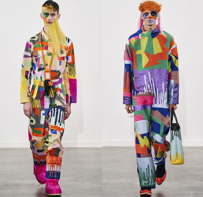 Walter Van Beirendonck 2019-2020 Fall Autumn Winter Mens Runway Show Looks - Mode à Paris Fashion Week Mode Masculine France - Wow Monsters Eyes Teeth Drippings Geometric Multicolored Mask Trackwear Fur Plush Coat Onesie Jumpsuit Coveralls Wide Collar Biker Jacket Glitter Knit Sweater Deconstructed Hoodie Parka Wool Straps Leopard Wings Padded Pillows Leggings Tights Boxing Shorts Lanyard Quilted Arctic Boots 