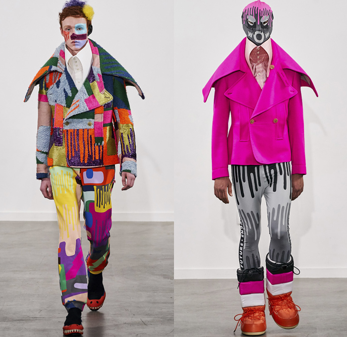 Walter Van Beirendonck 2019-2020 Fall Autumn Winter Mens Runway Show Looks - Mode à Paris Fashion Week Mode Masculine France - Wow Monsters Eyes Teeth Drippings Geometric Multicolored Mask Trackwear Fur Plush Coat Onesie Jumpsuit Coveralls Wide Collar Biker Jacket Glitter Knit Sweater Deconstructed Hoodie Parka Wool Straps Leopard Wings Padded Pillows Leggings Tights Boxing Shorts Lanyard Quilted Arctic Boots 