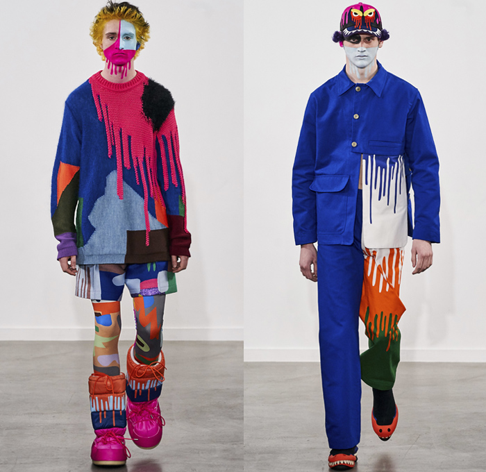 Walter Van Beirendonck 2019-2020 Fall Autumn Winter Mens Runway Show Looks - Mode à Paris Fashion Week Mode Masculine France - Wow Monsters Eyes Teeth Drippings Geometric Multicolored Mask Trackwear Fur Plush Coat Onesie Jumpsuit Coveralls Wide Collar Biker Jacket Glitter Knit Sweater Deconstructed Hoodie Parka Wool Straps Leopard Wings Padded Pillows Leggings Tights Boxing Shorts Lanyard Quilted Arctic Boots 