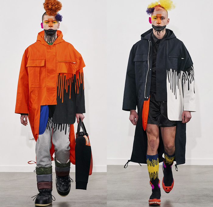Walter Van Beirendonck 2019-2020 Fall Autumn Winter Mens Runway Show Looks - Mode à Paris Fashion Week Mode Masculine France - Wow Monsters Eyes Teeth Drippings Geometric Multicolored Mask Trackwear Fur Plush Coat Onesie Jumpsuit Coveralls Wide Collar Biker Jacket Glitter Knit Sweater Deconstructed Hoodie Parka Wool Straps Leopard Wings Padded Pillows Leggings Tights Boxing Shorts Lanyard Quilted Arctic Boots 