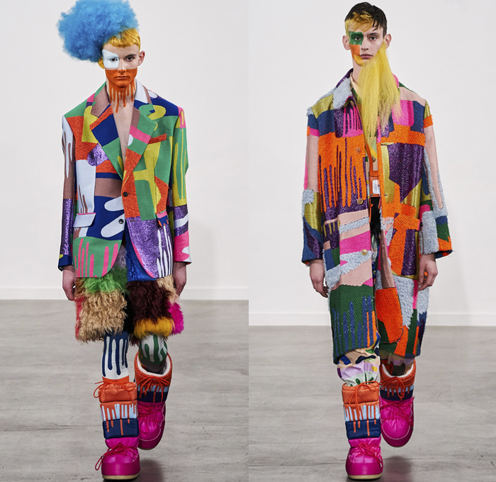 Walter Van Beirendonck 2019-2020 Fall Autumn Winter Mens Runway Show Looks - Mode à Paris Fashion Week Mode Masculine France - Wow Monsters Eyes Teeth Drippings Geometric Multicolored Mask Trackwear Fur Plush Coat Onesie Jumpsuit Coveralls Wide Collar Biker Jacket Glitter Knit Sweater Deconstructed Hoodie Parka Wool Straps Leopard Wings Padded Pillows Leggings Tights Boxing Shorts Lanyard Quilted Arctic Boots 