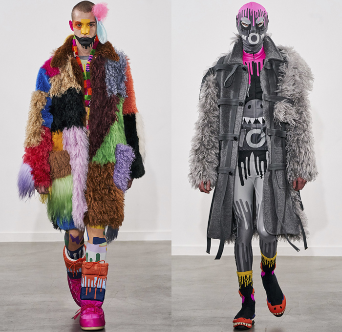 Walter Van Beirendonck 2019-2020 Fall Autumn Winter Mens Runway Show Looks - Mode à Paris Fashion Week Mode Masculine France - Wow Monsters Eyes Teeth Drippings Geometric Multicolored Mask Trackwear Fur Plush Coat Onesie Jumpsuit Coveralls Wide Collar Biker Jacket Glitter Knit Sweater Deconstructed Hoodie Parka Wool Straps Leopard Wings Padded Pillows Leggings Tights Boxing Shorts Lanyard Quilted Arctic Boots 