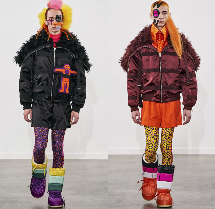 Walter Van Beirendonck 2019-2020 Fall Autumn Winter Mens Runway Show Looks - Mode à Paris Fashion Week Mode Masculine France - Wow Monsters Eyes Teeth Drippings Geometric Multicolored Mask Trackwear Fur Plush Coat Onesie Jumpsuit Coveralls Wide Collar Biker Jacket Glitter Knit Sweater Deconstructed Hoodie Parka Wool Straps Leopard Wings Padded Pillows Leggings Tights Boxing Shorts Lanyard Quilted Arctic Boots 