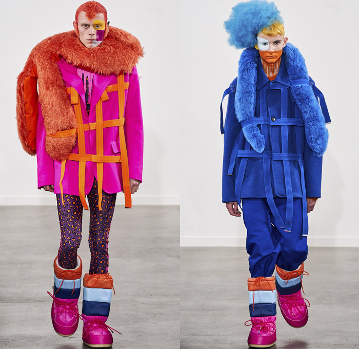 Walter Van Beirendonck 2019-2020 Fall Autumn Winter Mens Runway Show Looks - Mode à Paris Fashion Week Mode Masculine France - Wow Monsters Eyes Teeth Drippings Geometric Multicolored Mask Trackwear Fur Plush Coat Onesie Jumpsuit Coveralls Wide Collar Biker Jacket Glitter Knit Sweater Deconstructed Hoodie Parka Wool Straps Leopard Wings Padded Pillows Leggings Tights Boxing Shorts Lanyard Quilted Arctic Boots 