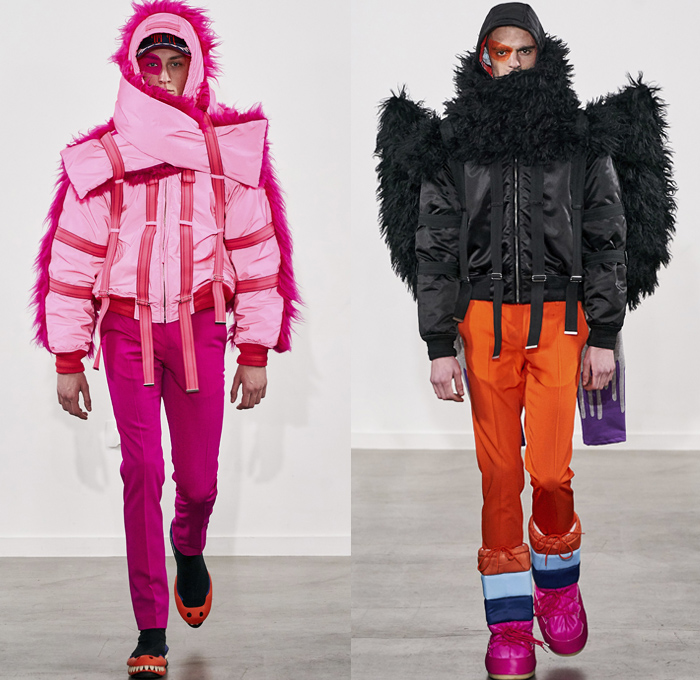 Walter Van Beirendonck 2019-2020 Fall Autumn Winter Mens Runway Show Looks - Mode à Paris Fashion Week Mode Masculine France - Wow Monsters Eyes Teeth Drippings Geometric Multicolored Mask Trackwear Fur Plush Coat Onesie Jumpsuit Coveralls Wide Collar Biker Jacket Glitter Knit Sweater Deconstructed Hoodie Parka Wool Straps Leopard Wings Padded Pillows Leggings Tights Boxing Shorts Lanyard Quilted Arctic Boots 