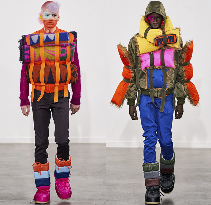 Walter Van Beirendonck 2019-2020 Fall Autumn Winter Mens Runway Show Looks - Mode à Paris Fashion Week Mode Masculine France - Wow Monsters Eyes Teeth Drippings Geometric Multicolored Mask Trackwear Fur Plush Coat Onesie Jumpsuit Coveralls Wide Collar Biker Jacket Glitter Knit Sweater Deconstructed Hoodie Parka Wool Straps Leopard Wings Padded Pillows Leggings Tights Boxing Shorts Lanyard Quilted Arctic Boots 