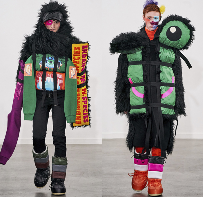 Walter Van Beirendonck 2019-2020 Fall Autumn Winter Mens Runway Show Looks - Mode à Paris Fashion Week Mode Masculine France - Wow Monsters Eyes Teeth Drippings Geometric Multicolored Mask Trackwear Fur Plush Coat Onesie Jumpsuit Coveralls Wide Collar Biker Jacket Glitter Knit Sweater Deconstructed Hoodie Parka Wool Straps Leopard Wings Padded Pillows Leggings Tights Boxing Shorts Lanyard Quilted Arctic Boots 