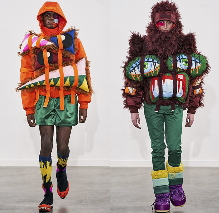 Walter Van Beirendonck 2019-2020 Fall Autumn Winter Mens Runway Show Looks - Mode à Paris Fashion Week Mode Masculine France - Wow Monsters Eyes Teeth Drippings Geometric Multicolored Mask Trackwear Fur Plush Coat Onesie Jumpsuit Coveralls Wide Collar Biker Jacket Glitter Knit Sweater Deconstructed Hoodie Parka Wool Straps Leopard Wings Padded Pillows Leggings Tights Boxing Shorts Lanyard Quilted Arctic Boots 