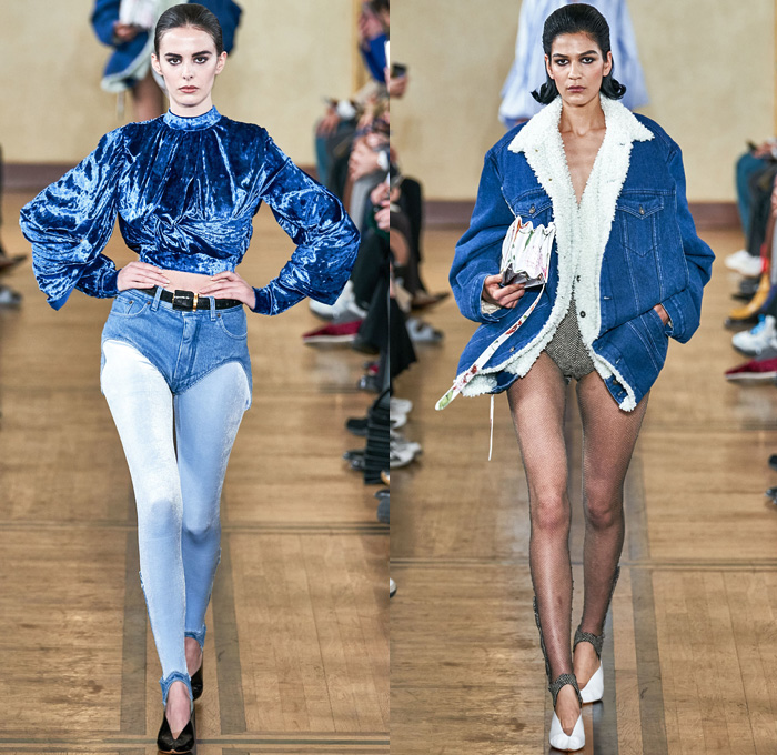 Y/PROJECT 2019-2020 Fall Autumn Winter Womens Runway Catwalk Looks - Mode à Paris Fashion Week France - Deconstructed Oversleeve Draped Slouchy Extra Panel Wide Oversized Velvet Fur Shearling Knit Cardigandress Floral Flower Bud Turtleneck Sweaterdress Robe Overcoat Herringbone Fringes Corduroy Satin Argyle Basketweave Maxi Dress Noodle Strap Strapless Skirt Gown Ribbed Ridges Denim Jeans Leggings Stockings Swamp Pants Accordion Bag