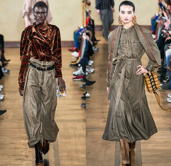 Y/PROJECT 2019-2020 Fall Autumn Winter Womens Runway Catwalk Looks - Mode à Paris Fashion Week France - Deconstructed Oversleeve Draped Slouchy Extra Panel Wide Oversized Velvet Fur Shearling Knit Cardigandress Floral Flower Bud Turtleneck Sweaterdress Robe Overcoat Herringbone Fringes Corduroy Satin Argyle Basketweave Maxi Dress Noodle Strap Strapless Skirt Gown Ribbed Ridges Denim Jeans Leggings Stockings Swamp Pants Accordion Bag