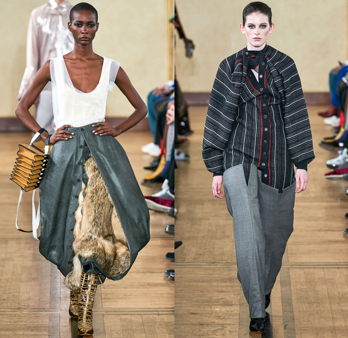 Y/PROJECT 2019-2020 Fall Autumn Winter Womens Runway Catwalk Looks - Mode à Paris Fashion Week France - Deconstructed Oversleeve Draped Slouchy Extra Panel Wide Oversized Velvet Fur Shearling Knit Cardigandress Floral Flower Bud Turtleneck Sweaterdress Robe Overcoat Herringbone Fringes Corduroy Satin Argyle Basketweave Maxi Dress Noodle Strap Strapless Skirt Gown Ribbed Ridges Denim Jeans Leggings Stockings Swamp Pants Accordion Bag