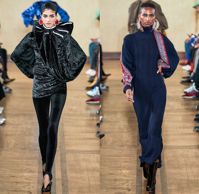 Y/PROJECT 2019-2020 Fall Autumn Winter Womens Runway Catwalk Looks - Mode à Paris Fashion Week France - Deconstructed Oversleeve Draped Slouchy Extra Panel Wide Oversized Velvet Fur Shearling Knit Cardigandress Floral Flower Bud Turtleneck Sweaterdress Robe Overcoat Herringbone Fringes Corduroy Satin Argyle Basketweave Maxi Dress Noodle Strap Strapless Skirt Gown Ribbed Ridges Denim Jeans Leggings Stockings Swamp Pants Accordion Bag