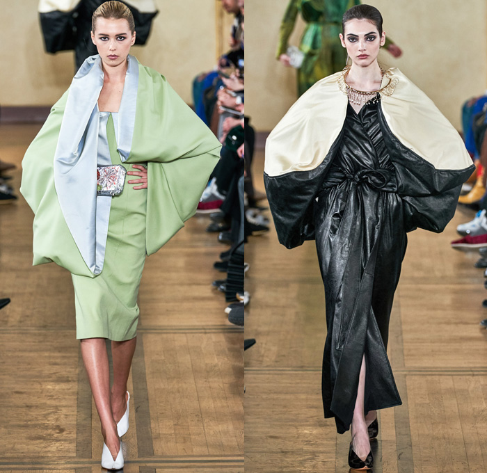 Y/PROJECT 2019-2020 Fall Autumn Winter Womens Runway Catwalk Looks - Mode à Paris Fashion Week France - Deconstructed Oversleeve Draped Slouchy Extra Panel Wide Oversized Velvet Fur Shearling Knit Cardigandress Floral Flower Bud Turtleneck Sweaterdress Robe Overcoat Herringbone Fringes Corduroy Satin Argyle Basketweave Maxi Dress Noodle Strap Strapless Skirt Gown Ribbed Ridges Denim Jeans Leggings Stockings Swamp Pants Accordion Bag