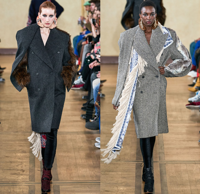 Y/PROJECT 2019-2020 Fall Autumn Winter Womens Runway Catwalk Looks - Mode à Paris Fashion Week France - Deconstructed Oversleeve Draped Slouchy Extra Panel Wide Oversized Velvet Fur Shearling Knit Cardigandress Floral Flower Bud Turtleneck Sweaterdress Robe Overcoat Herringbone Fringes Corduroy Satin Argyle Basketweave Maxi Dress Noodle Strap Strapless Skirt Gown Ribbed Ridges Denim Jeans Leggings Stockings Swamp Pants Accordion Bag