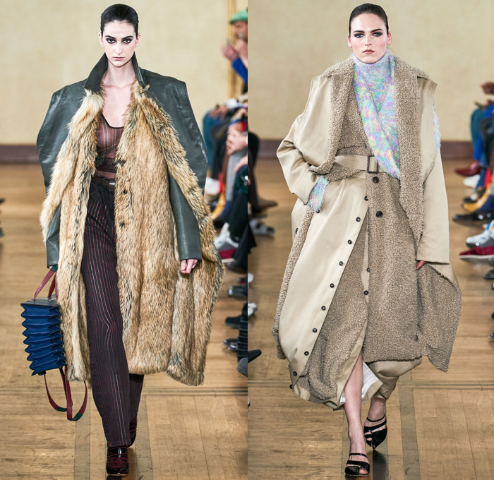 Y/PROJECT 2019-2020 Fall Autumn Winter Womens Runway Catwalk Looks - Mode à Paris Fashion Week France - Deconstructed Oversleeve Draped Slouchy Extra Panel Wide Oversized Velvet Fur Shearling Knit Cardigandress Floral Flower Bud Turtleneck Sweaterdress Robe Overcoat Herringbone Fringes Corduroy Satin Argyle Basketweave Maxi Dress Noodle Strap Strapless Skirt Gown Ribbed Ridges Denim Jeans Leggings Stockings Swamp Pants Accordion Bag