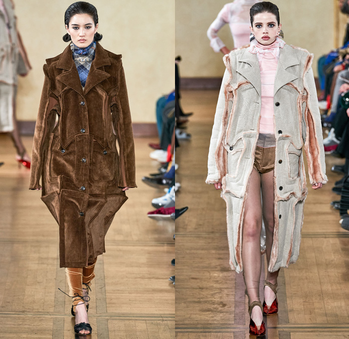 Y/PROJECT 2019-2020 Fall Autumn Winter Womens Runway Catwalk Looks - Mode à Paris Fashion Week France - Deconstructed Oversleeve Draped Slouchy Extra Panel Wide Oversized Velvet Fur Shearling Knit Cardigandress Floral Flower Bud Turtleneck Sweaterdress Robe Overcoat Herringbone Fringes Corduroy Satin Argyle Basketweave Maxi Dress Noodle Strap Strapless Skirt Gown Ribbed Ridges Denim Jeans Leggings Stockings Swamp Pants Accordion Bag