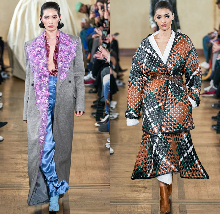 Y/PROJECT 2019-2020 Fall Autumn Winter Womens Runway Catwalk Looks - Mode à Paris Fashion Week France - Deconstructed Oversleeve Draped Slouchy Extra Panel Wide Oversized Velvet Fur Shearling Knit Cardigandress Floral Flower Bud Turtleneck Sweaterdress Robe Overcoat Herringbone Fringes Corduroy Satin Argyle Basketweave Maxi Dress Noodle Strap Strapless Skirt Gown Ribbed Ridges Denim Jeans Leggings Stockings Swamp Pants Accordion Bag