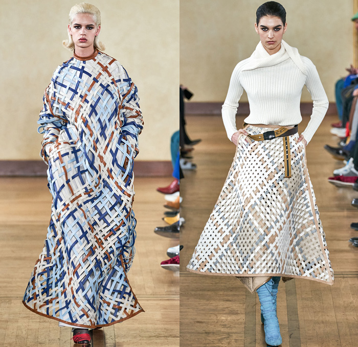 Y/PROJECT 2019-2020 Fall Autumn Winter Womens Runway Catwalk Looks - Mode à Paris Fashion Week France - Deconstructed Oversleeve Draped Slouchy Extra Panel Wide Oversized Velvet Fur Shearling Knit Cardigandress Floral Flower Bud Turtleneck Sweaterdress Robe Overcoat Herringbone Fringes Corduroy Satin Argyle Basketweave Maxi Dress Noodle Strap Strapless Skirt Gown Ribbed Ridges Denim Jeans Leggings Stockings Swamp Pants Accordion Bag