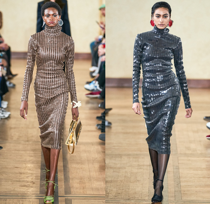 Y/PROJECT 2019-2020 Fall Autumn Winter Womens Runway Catwalk Looks - Mode à Paris Fashion Week France - Deconstructed Oversleeve Draped Slouchy Extra Panel Wide Oversized Velvet Fur Shearling Knit Cardigandress Floral Flower Bud Turtleneck Sweaterdress Robe Overcoat Herringbone Fringes Corduroy Satin Argyle Basketweave Maxi Dress Noodle Strap Strapless Skirt Gown Ribbed Ridges Denim Jeans Leggings Stockings Swamp Pants Accordion Bag