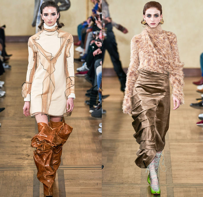 Y/PROJECT 2019-2020 Fall Autumn Winter Womens Runway Catwalk Looks - Mode à Paris Fashion Week France - Deconstructed Oversleeve Draped Slouchy Extra Panel Wide Oversized Velvet Fur Shearling Knit Cardigandress Floral Flower Bud Turtleneck Sweaterdress Robe Overcoat Herringbone Fringes Corduroy Satin Argyle Basketweave Maxi Dress Noodle Strap Strapless Skirt Gown Ribbed Ridges Denim Jeans Leggings Stockings Swamp Pants Accordion Bag