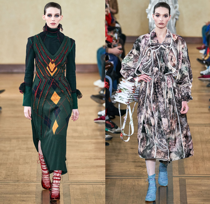 Y/PROJECT 2019-2020 Fall Autumn Winter Womens Runway Catwalk Looks - Mode à Paris Fashion Week France - Deconstructed Oversleeve Draped Slouchy Extra Panel Wide Oversized Velvet Fur Shearling Knit Cardigandress Floral Flower Bud Turtleneck Sweaterdress Robe Overcoat Herringbone Fringes Corduroy Satin Argyle Basketweave Maxi Dress Noodle Strap Strapless Skirt Gown Ribbed Ridges Denim Jeans Leggings Stockings Swamp Pants Accordion Bag