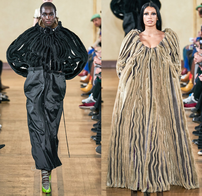 Y/PROJECT 2019-2020 Fall Autumn Winter Womens Runway Catwalk Looks - Mode à Paris Fashion Week France - Deconstructed Oversleeve Draped Slouchy Extra Panel Wide Oversized Velvet Fur Shearling Knit Cardigandress Floral Flower Bud Turtleneck Sweaterdress Robe Overcoat Herringbone Fringes Corduroy Satin Argyle Basketweave Maxi Dress Noodle Strap Strapless Skirt Gown Ribbed Ridges Denim Jeans Leggings Stockings Swamp Pants Accordion Bag