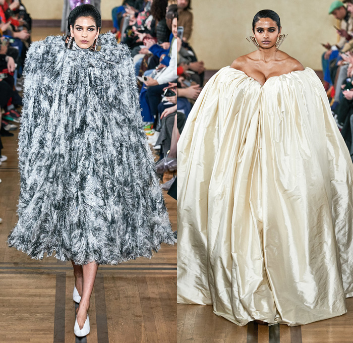 Y/PROJECT 2019-2020 Fall Autumn Winter Womens Runway Catwalk Looks - Mode à Paris Fashion Week France - Deconstructed Oversleeve Draped Slouchy Extra Panel Wide Oversized Velvet Fur Shearling Knit Cardigandress Floral Flower Bud Turtleneck Sweaterdress Robe Overcoat Herringbone Fringes Corduroy Satin Argyle Basketweave Maxi Dress Noodle Strap Strapless Skirt Gown Ribbed Ridges Denim Jeans Leggings Stockings Swamp Pants Accordion Bag