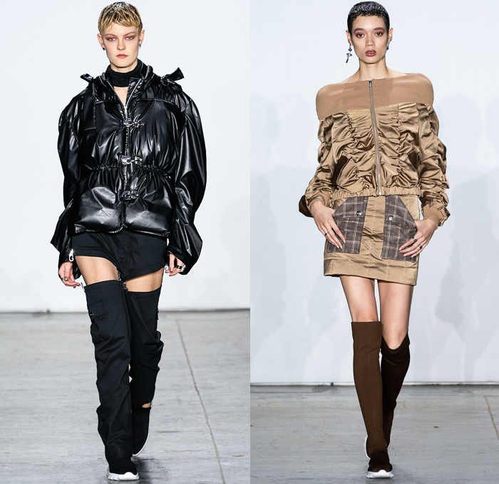 Yajun Melody Lin 2019-2020 Fall Autumn Winter Womens Runway Catwalk Looks - New York Fashion Week NYFW - Sleep Loungewear Pillows Silk Satin Sheer Chiffon Cinch Quilted Puffer Nylon Coat Poncho Bomber Jacket Shearling Tabard Crop Top Extra Tie Up Sleeves Knit Check Drawstring Wool Shawl Wrap Corset Blouse One Shoulder Slashed Cutaway Pants Shorts Cargo Utility Pockets Above The Knee Leg Warmer Boots Carabiner