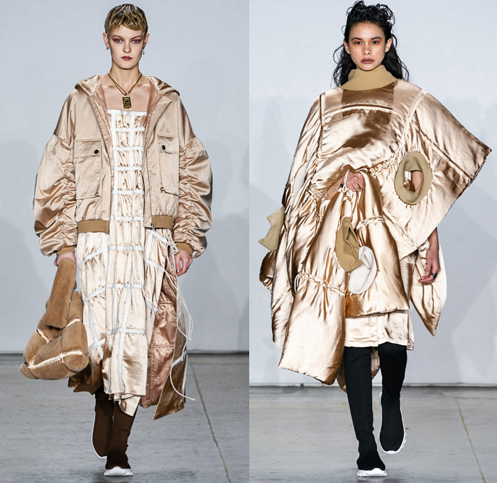 Yajun Melody Lin 2019-2020 Fall Autumn Winter Womens Runway Catwalk Looks - New York Fashion Week NYFW - Sleep Loungewear Pillows Silk Satin Sheer Chiffon Cinch Quilted Puffer Nylon Coat Poncho Bomber Jacket Shearling Tabard Crop Top Extra Tie Up Sleeves Knit Check Drawstring Wool Shawl Wrap Corset Blouse One Shoulder Slashed Cutaway Pants Shorts Cargo Utility Pockets Above The Knee Leg Warmer Boots Carabiner