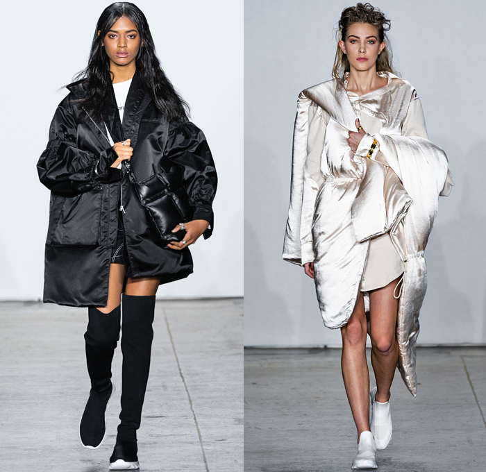 Yajun Melody Lin 2019-2020 Fall Autumn Winter Womens Runway Catwalk Looks - New York Fashion Week NYFW - Sleep Loungewear Pillows Silk Satin Sheer Chiffon Cinch Quilted Puffer Nylon Coat Poncho Bomber Jacket Shearling Tabard Crop Top Extra Tie Up Sleeves Knit Check Drawstring Wool Shawl Wrap Corset Blouse One Shoulder Slashed Cutaway Pants Shorts Cargo Utility Pockets Above The Knee Leg Warmer Boots Carabiner
