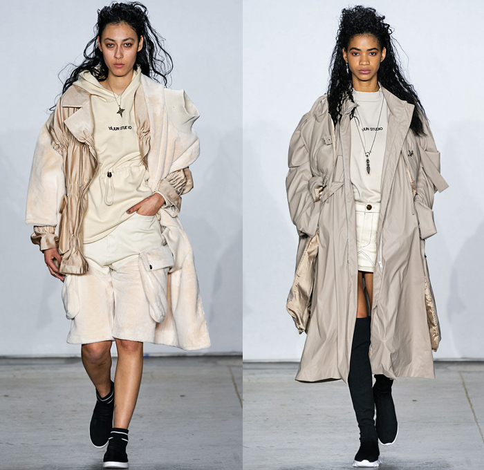 Yajun Melody Lin 2019-2020 Fall Autumn Winter Womens Runway Catwalk Looks - New York Fashion Week NYFW - Sleep Loungewear Pillows Silk Satin Sheer Chiffon Cinch Quilted Puffer Nylon Coat Poncho Bomber Jacket Shearling Tabard Crop Top Extra Tie Up Sleeves Knit Check Drawstring Wool Shawl Wrap Corset Blouse One Shoulder Slashed Cutaway Pants Shorts Cargo Utility Pockets Above The Knee Leg Warmer Boots Carabiner