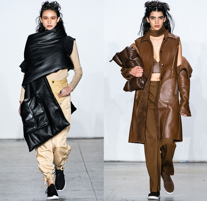 Yajun Melody Lin 2019-2020 Fall Autumn Winter Womens Runway Catwalk Looks - New York Fashion Week NYFW - Sleep Loungewear Pillows Silk Satin Sheer Chiffon Cinch Quilted Puffer Nylon Coat Poncho Bomber Jacket Shearling Tabard Crop Top Extra Tie Up Sleeves Knit Check Drawstring Wool Shawl Wrap Corset Blouse One Shoulder Slashed Cutaway Pants Shorts Cargo Utility Pockets Above The Knee Leg Warmer Boots Carabiner