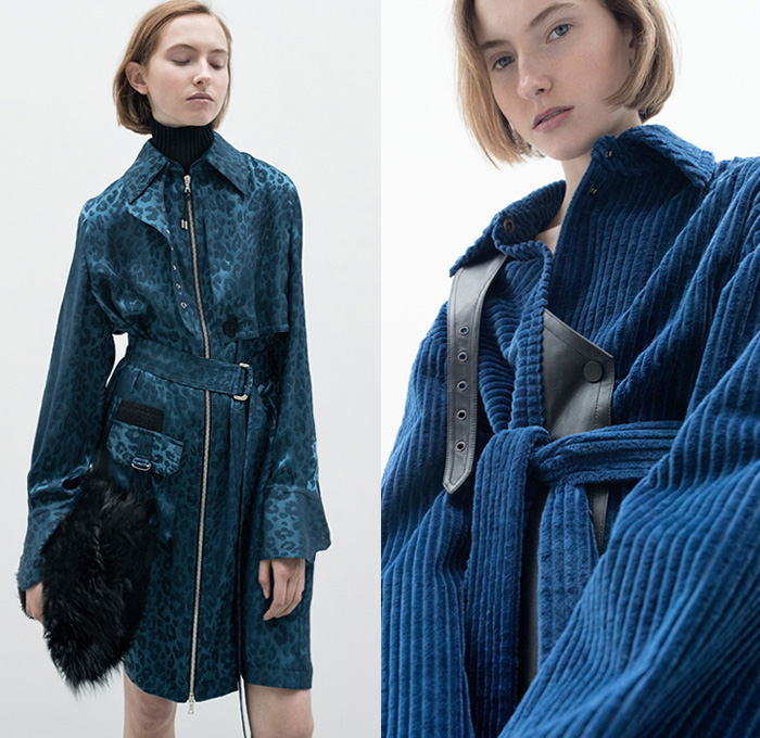 Yigal Azrouël 2019-2020 Fall Autumn Winter Womens Lookbook Presentation - New York Fashion Week NYFW - Reflection Leopard Trench Coat Corduroy Plaid Check Hoodie Draped Pleats Cinch Cable Knit Turtleneck Sweater Dress Cross Wrap Metallic Sheer Tulle Fern Shape Silk Satin Pinstripe Sleeveless Furry Handbag Kitten Heels