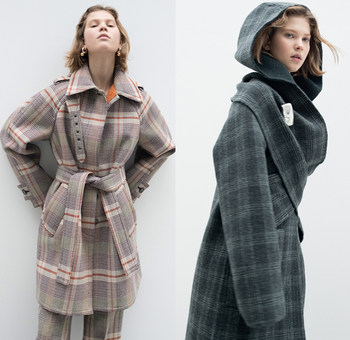 Yigal Azrouël 2019-2020 Fall Autumn Winter Womens Lookbook Presentation - New York Fashion Week NYFW - Reflection Leopard Trench Coat Corduroy Plaid Check Hoodie Draped Pleats Cinch Cable Knit Turtleneck Sweater Dress Cross Wrap Metallic Sheer Tulle Fern Shape Silk Satin Pinstripe Sleeveless Furry Handbag Kitten Heels