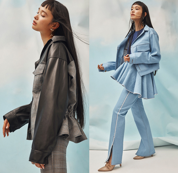 ADEAM by Hanako Maeda 2019 Pre-Fall Autumn Womens Lookbook Presentation - Deconstructed Hybrid Convertible Dress Ruffles Frills Ruched Parachute Shirtdress Bustier Handkerchief Hem Glen Plaid Check Cotton Poplin Reversible Bow Cuff Eco Leather Denim Jeans Jacket Cinch Drawstring Peplum Blazer Kimono Robe Romper Combishorts Knit Ribbed Sweaterdress Wrap Around Tie Up Knot Waist Asymmetrical Hem Cutout Shoulders Sneakers