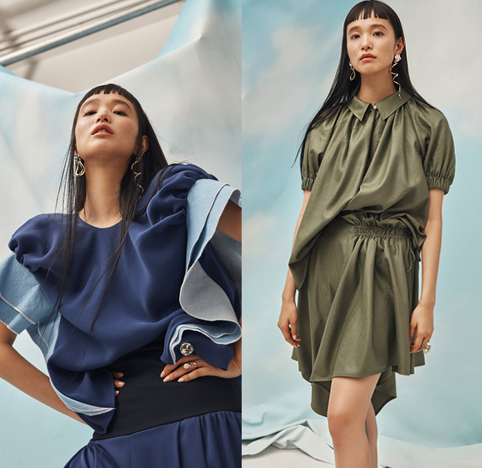 ADEAM by Hanako Maeda 2019 Pre-Fall Autumn Womens Lookbook Presentation - Deconstructed Hybrid Convertible Dress Ruffles Frills Ruched Parachute Shirtdress Bustier Handkerchief Hem Glen Plaid Check Cotton Poplin Reversible Bow Cuff Eco Leather Denim Jeans Jacket Cinch Drawstring Peplum Blazer Kimono Robe Romper Combishorts Knit Ribbed Sweaterdress Wrap Around Tie Up Knot Waist Asymmetrical Hem Cutout Shoulders Sneakers