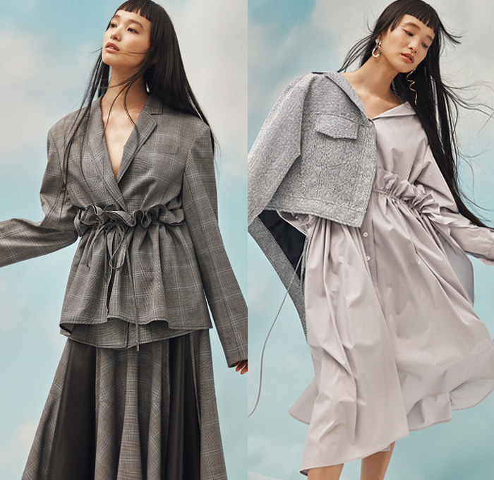 ADEAM by Hanako Maeda 2019 Pre-Fall Autumn Womens Lookbook Presentation - Deconstructed Hybrid Convertible Dress Ruffles Frills Ruched Parachute Shirtdress Bustier Handkerchief Hem Glen Plaid Check Cotton Poplin Reversible Bow Cuff Eco Leather Denim Jeans Jacket Cinch Drawstring Peplum Blazer Kimono Robe Romper Combishorts Knit Ribbed Sweaterdress Wrap Around Tie Up Knot Waist Asymmetrical Hem Cutout Shoulders Sneakers