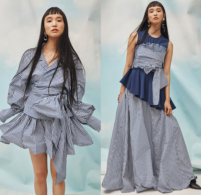 ADEAM by Hanako Maeda 2019 Pre-Fall Autumn Womens Lookbook Presentation - Deconstructed Hybrid Convertible Dress Ruffles Frills Ruched Parachute Shirtdress Bustier Handkerchief Hem Glen Plaid Check Cotton Poplin Reversible Bow Cuff Eco Leather Denim Jeans Jacket Cinch Drawstring Peplum Blazer Kimono Robe Romper Combishorts Knit Ribbed Sweaterdress Wrap Around Tie Up Knot Waist Asymmetrical Hem Cutout Shoulders Sneakers