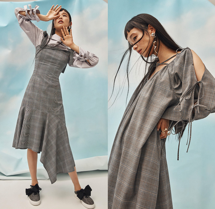 ADEAM by Hanako Maeda 2019 Pre-Fall Autumn Womens Lookbook Presentation - Deconstructed Hybrid Convertible Dress Ruffles Frills Ruched Parachute Shirtdress Bustier Handkerchief Hem Glen Plaid Check Cotton Poplin Reversible Bow Cuff Eco Leather Denim Jeans Jacket Cinch Drawstring Peplum Blazer Kimono Robe Romper Combishorts Knit Ribbed Sweaterdress Wrap Around Tie Up Knot Waist Asymmetrical Hem Cutout Shoulders Sneakers