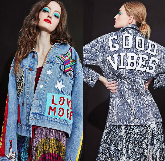 alice + olivia 2019 Pre-Fall Autumn Womens Lookbook Presentation - Good Vibes Denim Jeans Jacket Bedazzled Sequins Leopard Cheetah Snake Python Print Mix Mash Up Colors Patterns Hearts Stars Stripes Flowers Floral Accordion Pleats Pantsuit Motorcycle Biker Lace Tiered Asymmetrical Hem Dress Knit Turtleneck Coat Check Wide Leg Palazzo Pants Kimono Robe Boots