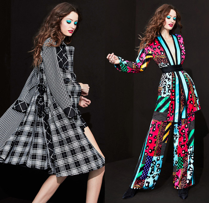 alice + olivia 2019 Pre-Fall Autumn Womens Lookbook Presentation - Good Vibes Denim Jeans Jacket Bedazzled Sequins Leopard Cheetah Snake Python Print Mix Mash Up Colors Patterns Hearts Stars Stripes Flowers Floral Accordion Pleats Pantsuit Motorcycle Biker Lace Tiered Asymmetrical Hem Dress Knit Turtleneck Coat Check Wide Leg Palazzo Pants Kimono Robe Boots