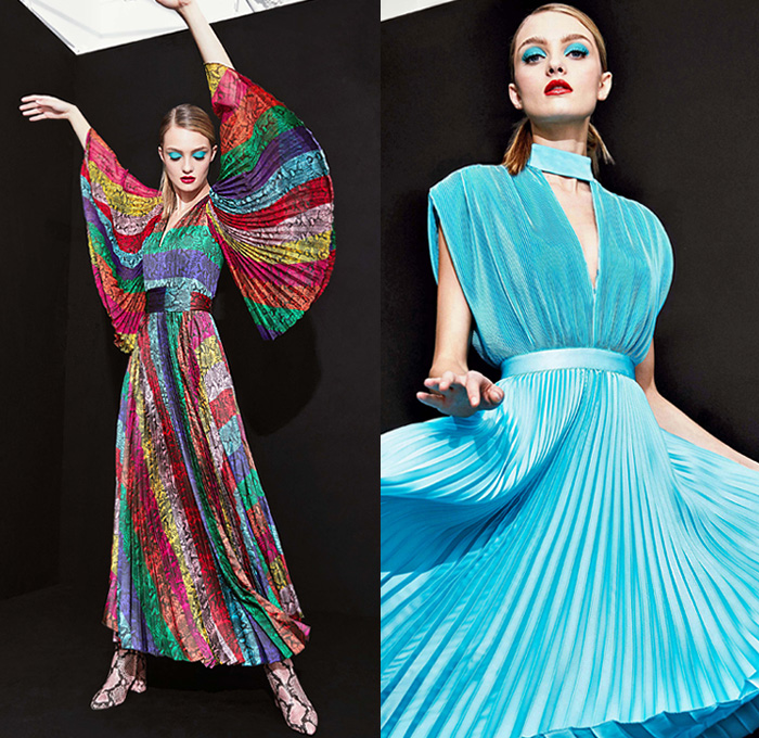 alice + olivia 2019 Pre-Fall Autumn Womens Lookbook Presentation - Good Vibes Denim Jeans Jacket Bedazzled Sequins Leopard Cheetah Snake Python Print Mix Mash Up Colors Patterns Hearts Stars Stripes Flowers Floral Accordion Pleats Pantsuit Motorcycle Biker Lace Tiered Asymmetrical Hem Dress Knit Turtleneck Coat Check Wide Leg Palazzo Pants Kimono Robe Boots