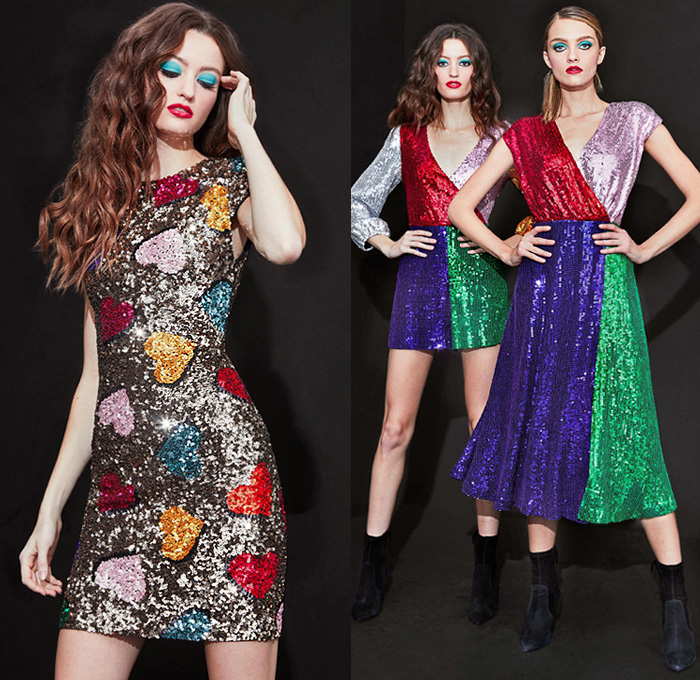 alice + olivia 2019 Pre-Fall Autumn Womens Lookbook Presentation - Good Vibes Denim Jeans Jacket Bedazzled Sequins Leopard Cheetah Snake Python Print Mix Mash Up Colors Patterns Hearts Stars Stripes Flowers Floral Accordion Pleats Pantsuit Motorcycle Biker Lace Tiered Asymmetrical Hem Dress Knit Turtleneck Coat Check Wide Leg Palazzo Pants Kimono Robe Boots