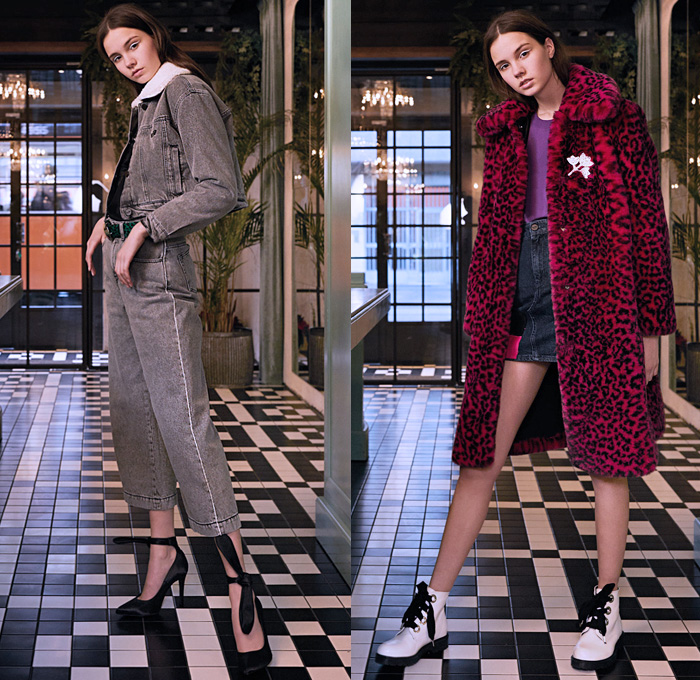 Be Blumarine 2019 Pre-Fall Autumn Womens Lookbook Presentation - Fur Plush Leopard Coat Houndstooth Mix Flowers Floral Dress Sheer Chiffon Tulle Gown Eveningwear Corduroy Pantsuit Turtleneck Knit Sweater Strapless Open Shoulders Blouse Ruffles Asymmetrical Hem Shirtdress Sweaterdress Beret Bedazzled Crystals Fringes Glitter Denim Shearling Jacket Miniskirt Cropped Jeans Wide Leg Palazzo Pants Tie Up Knotted Heels Fanny Pack Waist Pouch Bum Bag