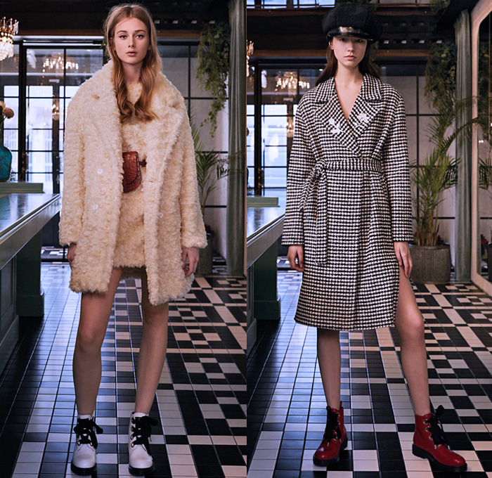 Be Blumarine 2019 Pre-Fall Autumn Womens Lookbook Presentation - Fur Plush Leopard Coat Houndstooth Mix Flowers Floral Dress Sheer Chiffon Tulle Gown Eveningwear Corduroy Pantsuit Turtleneck Knit Sweater Strapless Open Shoulders Blouse Ruffles Asymmetrical Hem Shirtdress Sweaterdress Beret Bedazzled Crystals Fringes Glitter Denim Shearling Jacket Miniskirt Cropped Jeans Wide Leg Palazzo Pants Tie Up Knotted Heels Fanny Pack Waist Pouch Bum Bag