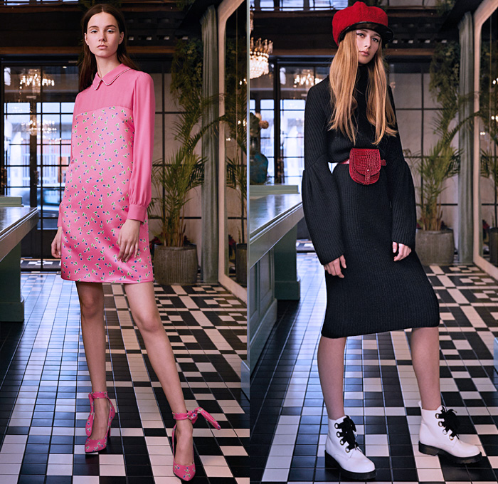 Be Blumarine 2019 Pre-Fall Autumn Womens Lookbook Presentation - Fur Plush Leopard Coat Houndstooth Mix Flowers Floral Dress Sheer Chiffon Tulle Gown Eveningwear Corduroy Pantsuit Turtleneck Knit Sweater Strapless Open Shoulders Blouse Ruffles Asymmetrical Hem Shirtdress Sweaterdress Beret Bedazzled Crystals Fringes Glitter Denim Shearling Jacket Miniskirt Cropped Jeans Wide Leg Palazzo Pants Tie Up Knotted Heels Fanny Pack Waist Pouch Bum Bag