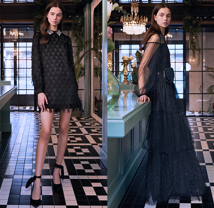 Be Blumarine 2019 Pre-Fall Autumn Womens Lookbook Presentation - Fur Plush Leopard Coat Houndstooth Mix Flowers Floral Dress Sheer Chiffon Tulle Gown Eveningwear Corduroy Pantsuit Turtleneck Knit Sweater Strapless Open Shoulders Blouse Ruffles Asymmetrical Hem Shirtdress Sweaterdress Beret Bedazzled Crystals Fringes Glitter Denim Shearling Jacket Miniskirt Cropped Jeans Wide Leg Palazzo Pants Tie Up Knotted Heels Fanny Pack Waist Pouch Bum Bag