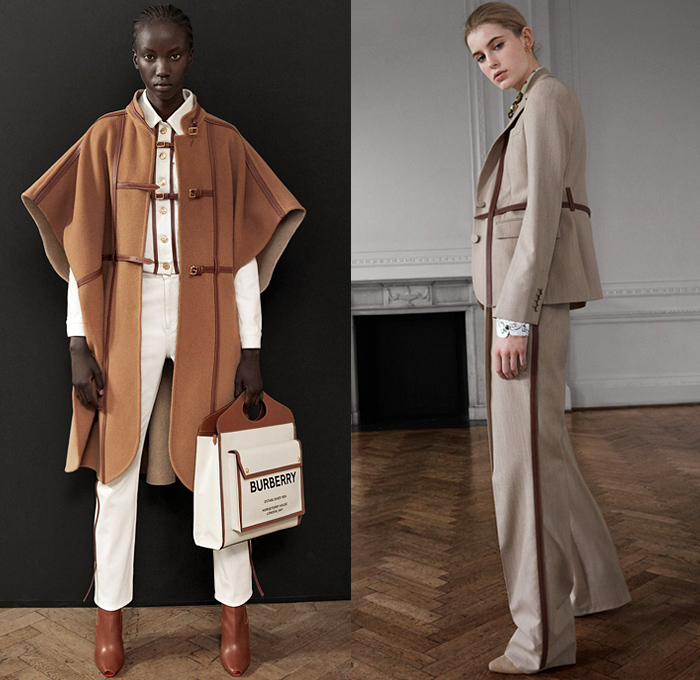 Burberry London 2019 Pre Fall Autumn Womens Lookbook Presentation Riccardo Tisci - Horses Drawings Straps Belts Vintage Family Portrait Print Shawl Logo Mania Pantsuit Quilted Puffer Vest Trench Coat Strapless Leg O'Mutton Sleeves Plush Fur Hooks Bedazzled Studs Tuxedo Stripe Leopard Grunge Drawstring Suede Check Accordion Pleats Tiered Fringes Tassels Lace Cutwork Embroidery Tie Up Knot Wide Leg Pants Miniskirt Handbag Briefcase Fanny Pack Waist Pouch Bum Bag