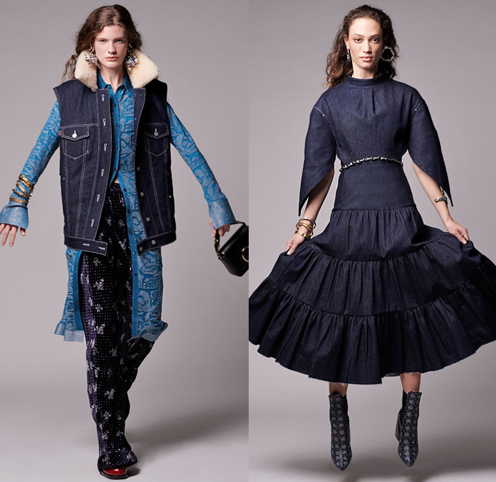 Chloé 2019 Pre-Fall Autumn Womens Lookbook Presentation - 1970s Seventies 1980s Eighties Denim Dress Jean Vest Studs  Jacquard Brocade Shearling Leather Ornamental Decorative Art Horses Patchwork Mix Flowers Floral Petal Sleeves C Monogram Scarf Parka Poncho Silk Satin Velvet Sheer Chiffon Cargo Pockets Knit Sweaterdress Shorts Check Lace Needlework Turtleneck Slouchy Pants Handbag Snakeskin Boots