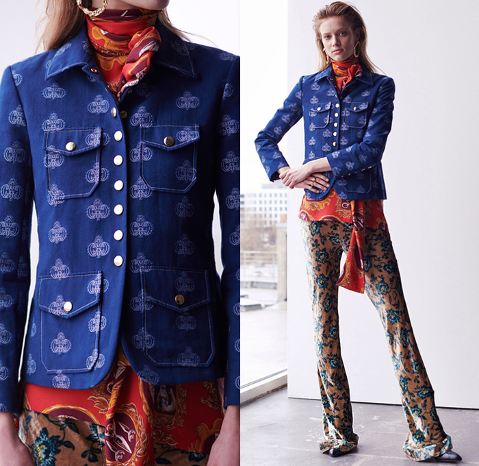 Chloé 2019 Pre-Fall Autumn Womens Lookbook Presentation - 1970s Seventies 1980s Eighties Denim Dress Jean Vest Studs  Jacquard Brocade Shearling Leather Ornamental Decorative Art Horses Patchwork Mix Flowers Floral Petal Sleeves C Monogram Scarf Parka Poncho Silk Satin Velvet Sheer Chiffon Cargo Pockets Knit Sweaterdress Shorts Check Lace Needlework Turtleneck Slouchy Pants Handbag Snakeskin Boots